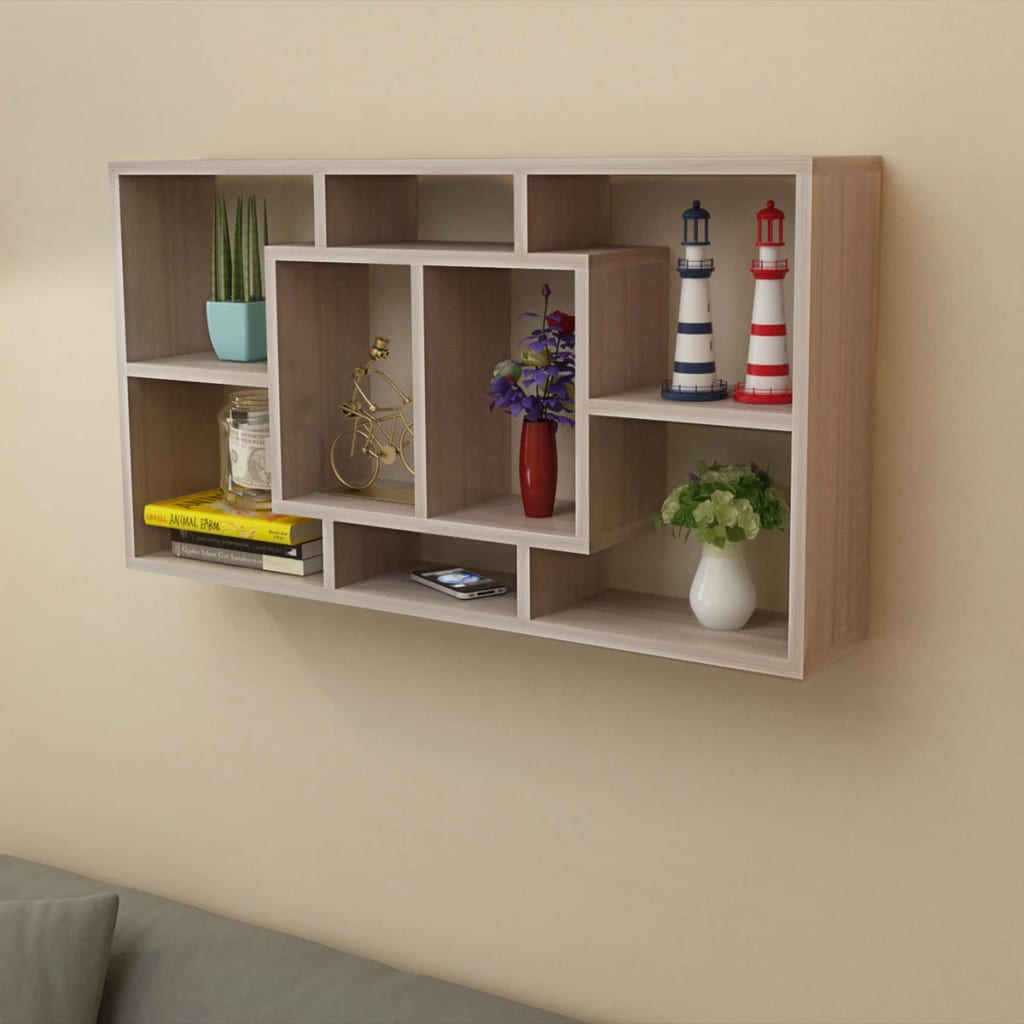 Floating wall display shelf 8 compartments oak colour