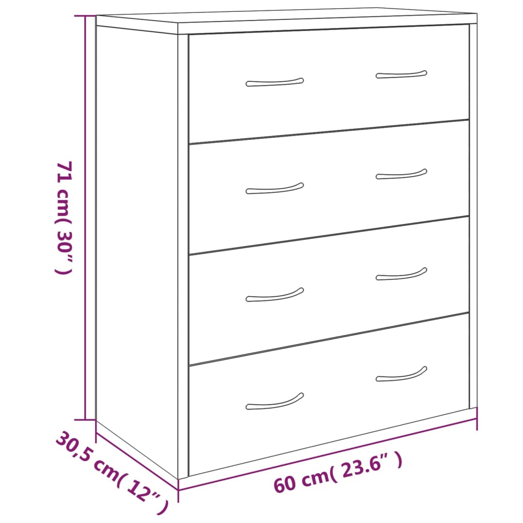 4 sahtliga kummut 60 x 30,5 x 71 cm, must