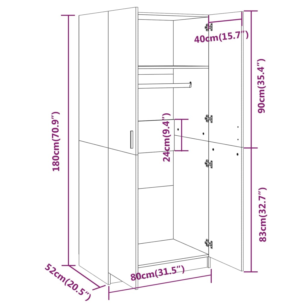 Riidekapp, hall Sonoma tamm, 80 x 52 x 180 cm, tehispuit