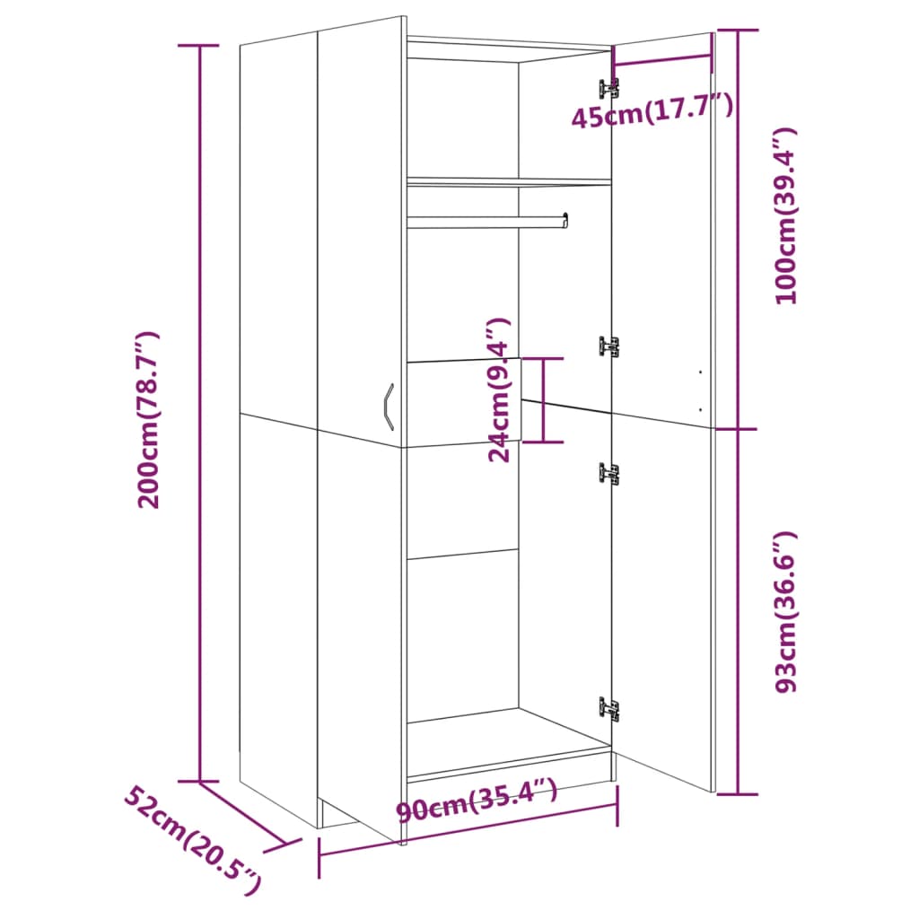 Riidekapp, hall Sonoma tamm, 90 x 52 x 200 cm, tehispuit