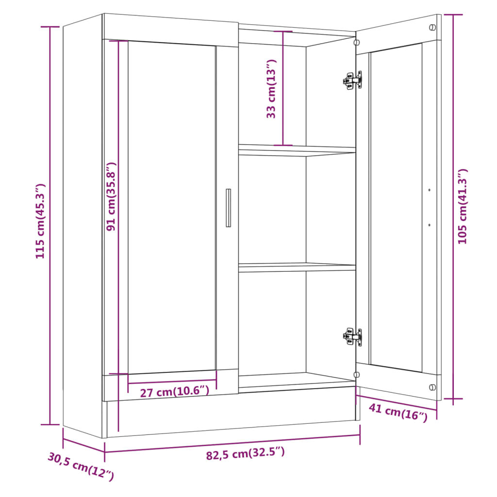 Vitriinkapp, pruun tamm, 82,5x30,5x115 cm, tehispuit