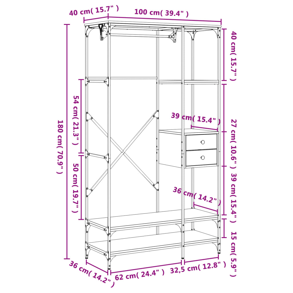 Garderoob sahtlitega Sonoma tamm 100x40x180 cm puitlaastplaat