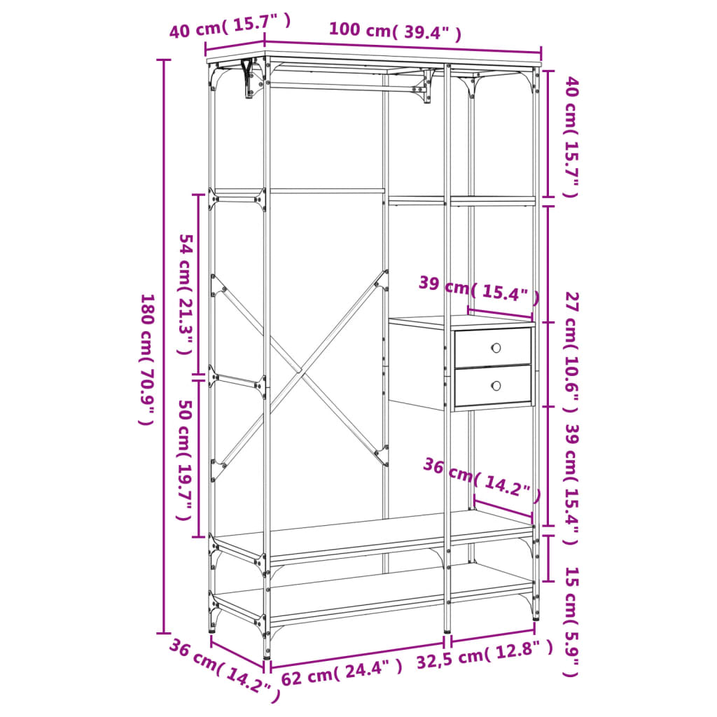 Riidekapp sahtlitega, pruun tamm 100x40x180 cm tehispuit