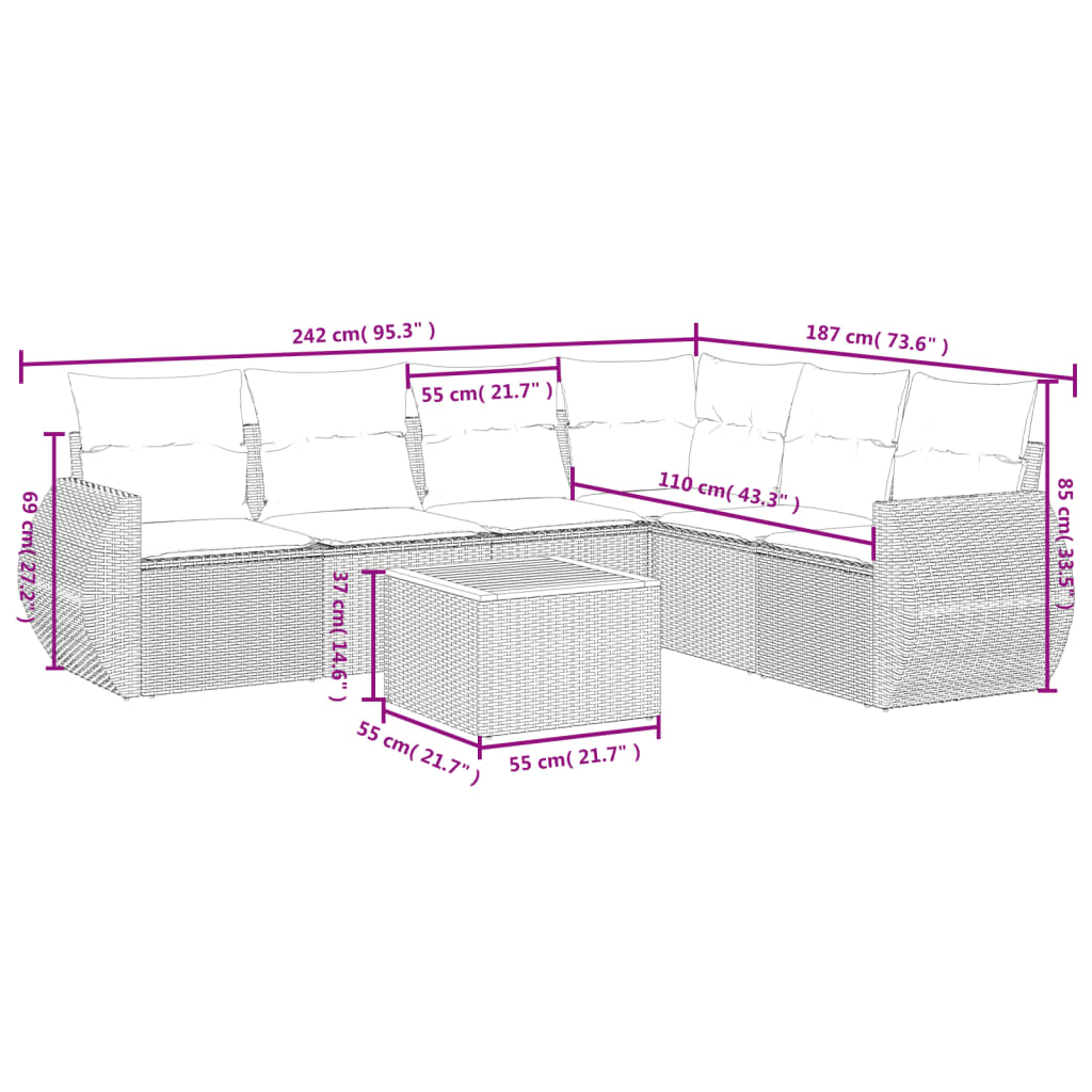 7-osaline aiadiivani komplekt patjadega, hall, polürotang